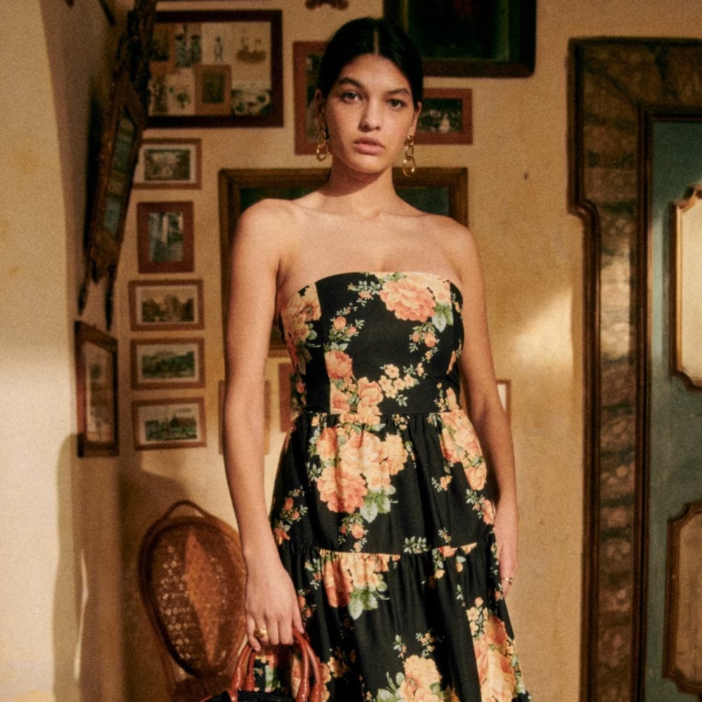 Sezane Strapless Black Floral Midi Dress